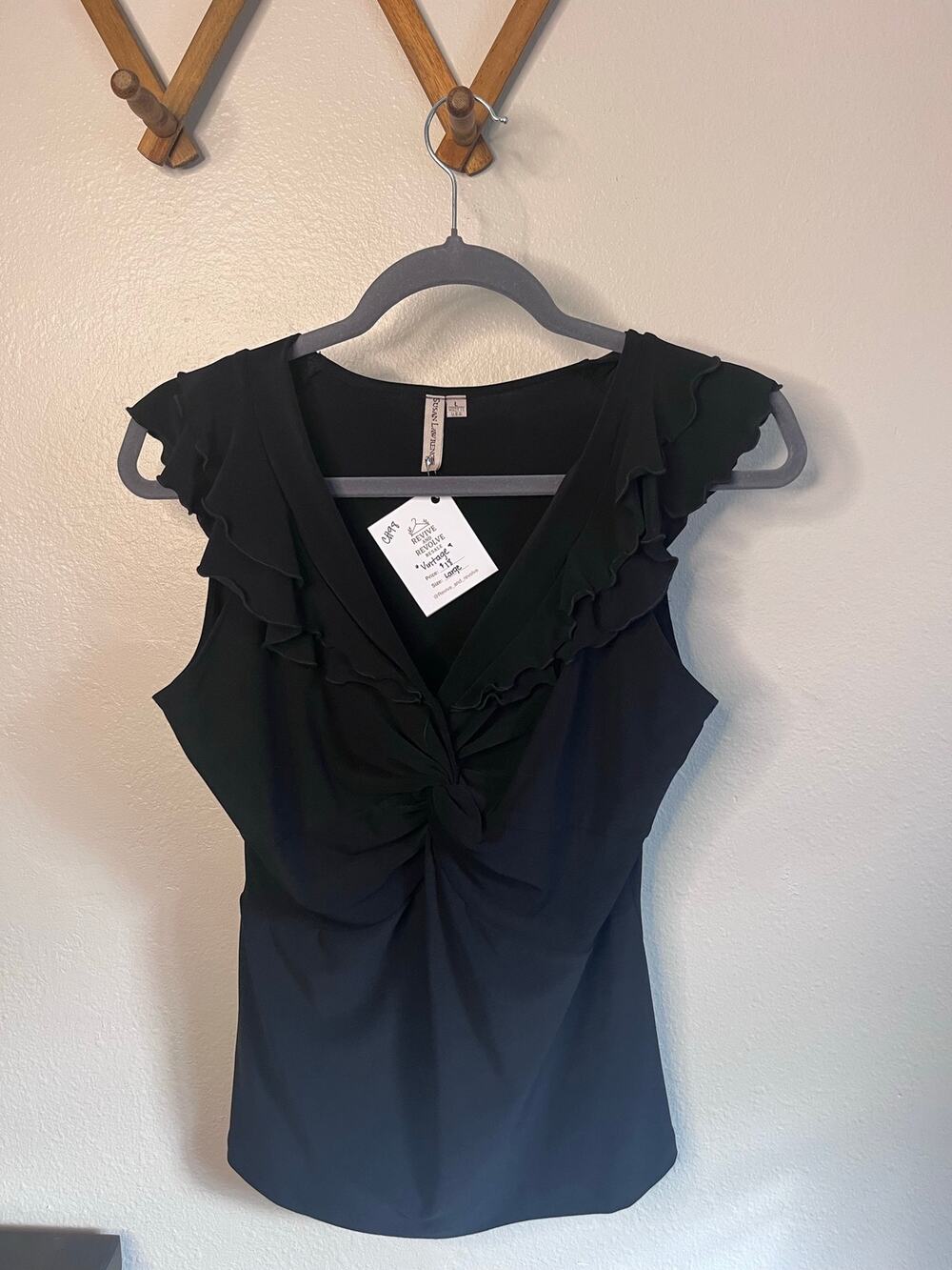 Whisper Pink Black Twist Front Ruffle V-Neck Top Size Large